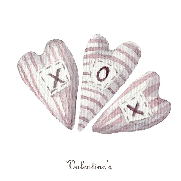 Drie gestreepte gestikte zachte XOXO harten geïsoleerd op witte achtergrond. Aquarel Valentijnsdag clipart. — Stockfoto