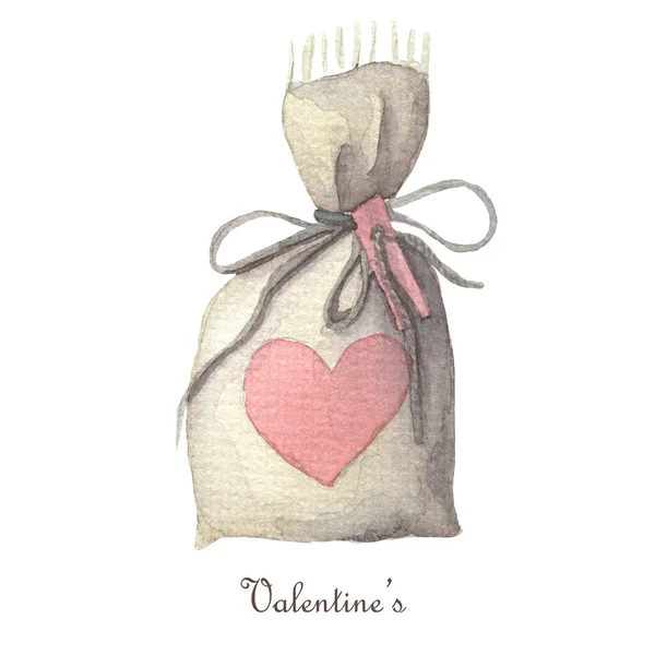 Pouch with a heart Isolated on white background. Watercolor valentines day clipart. — Stock Photo, Image