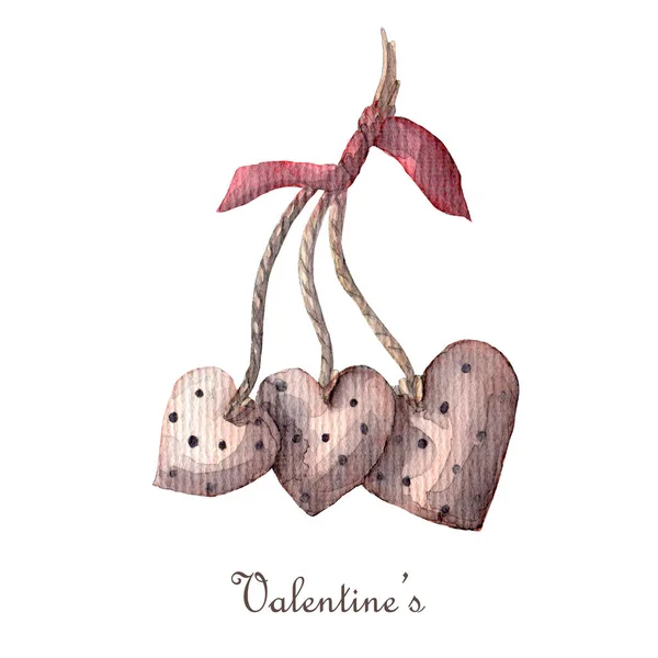 Aquarel Valentijnsdag clipart. drie textielhartjes geïsoleerd op witte achtergrond. — Stockfoto