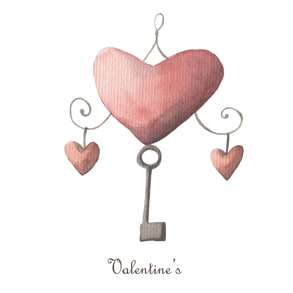 하얀 배경에 심장을 고립시키는 열쇠. 워터 컬러 발렌틴 데이 클럭 부분. — 스톡 사진