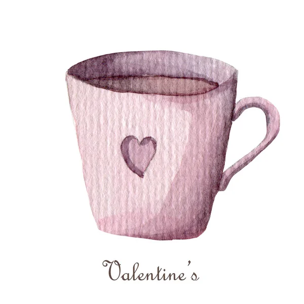 Taza rosa con estampado de corazón Aislado sobre fondo blanco. Clipart día de San Valentín acuarela. —  Fotos de Stock
