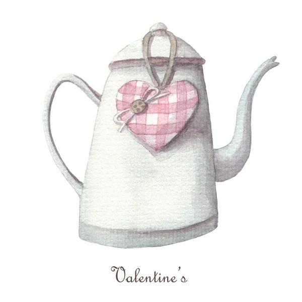 Tetera con decoración del corazón Aislado sobre fondo blanco. Clipart día de San Valentín acuarela. —  Fotos de Stock