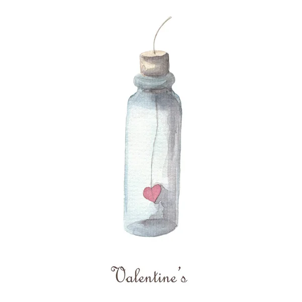 Butelka z sercem wewnątrz Izolacja na białym tle. Akwarela Walentynki dzień clipart. — Zdjęcie stockowe