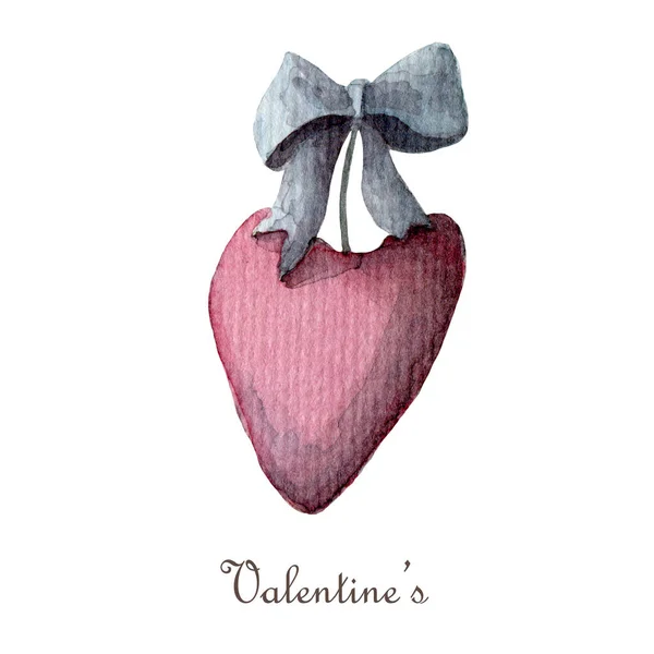 Aquarel Valentijnsdag clipart. rood hart met lint geïsoleerd op witte achtergrond. — Stockfoto