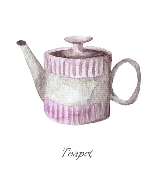 各种形状和颜色的水彩瓷和陶瓷茶壶的水彩图像 — 图库照片