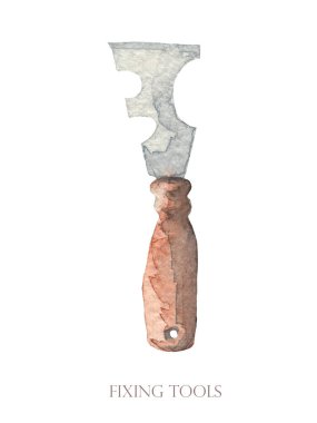 Suluboya aletleri koleksiyonu: kesici, tornavida, pense, ayarlanabilir anahtar, cıvata, vida, somun, selobant, mezura, çekiç, çivi çivisi.