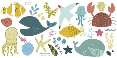 Beyaz arka planda İskandinav tarzı şirin deniz hayvanlarıyla el yapımı çocuk yuvası seti. İskandinav çocuklar hayvan ve bitkilerle dolu..