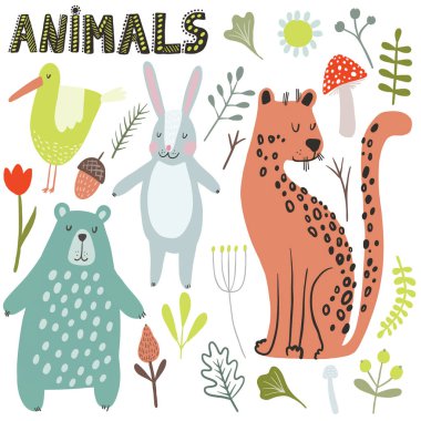 İskandinav tarzında sevimli farklı hayvanlar ve bitkiler. Çizgi filmdeki çocuklar bebek partisi davetiyesi, bebek odası dekoru, poster için tırmanıyorlar..