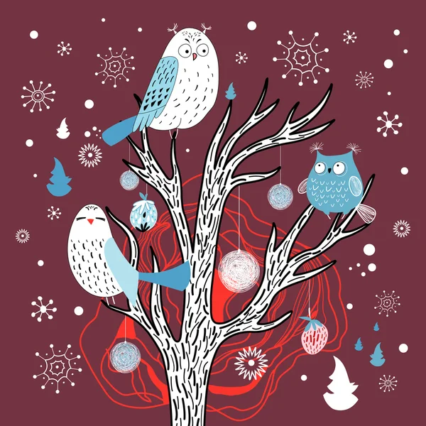 Tarjeta de invierno con búhos en el árbol — Vector de stock