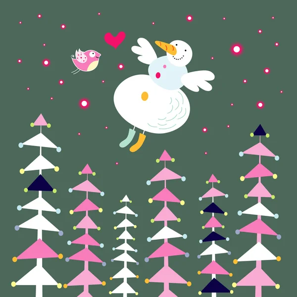 Bonhomme de neige et forêt — Image vectorielle