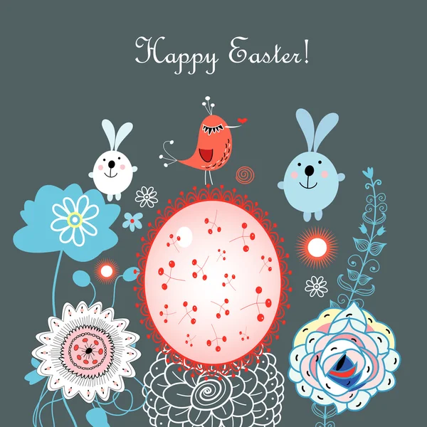 Biglietto di Pasqua con conigli e uova — Vettoriale Stock