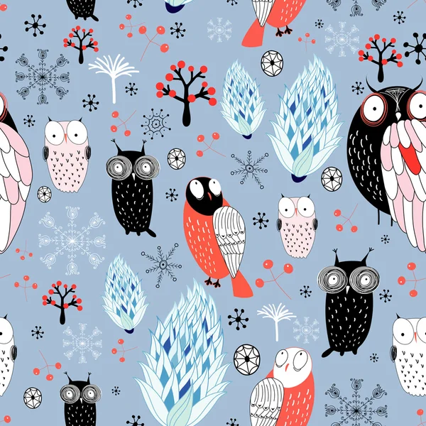 Winter texture of owls and snowflakes — Stock Vector