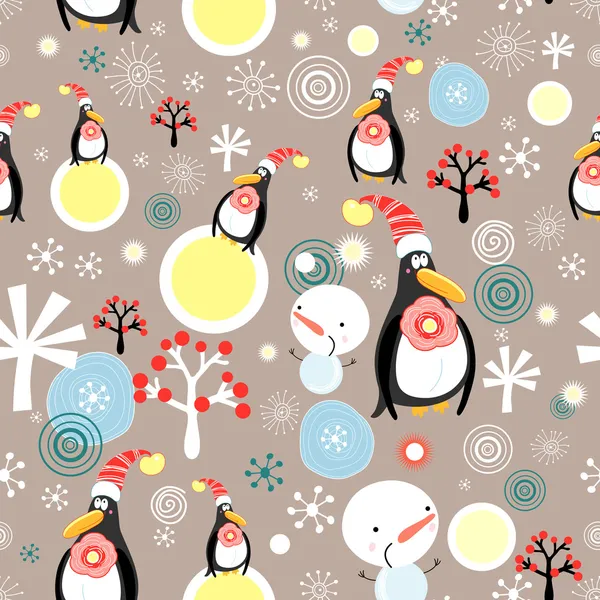 Christmas texture of penguins and snowmen — Stock Vector