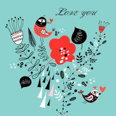 Aşk kuşları ile çiçek tebrik kartı