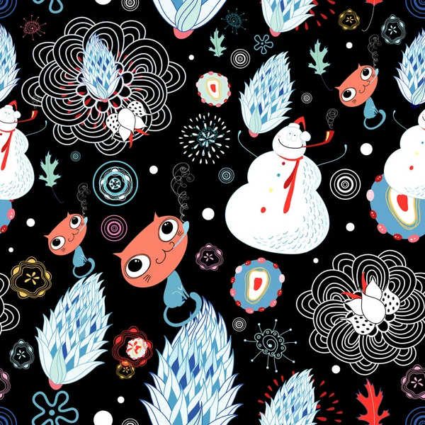 Floral textuur met sneeuwmannen en katten — Stockvector