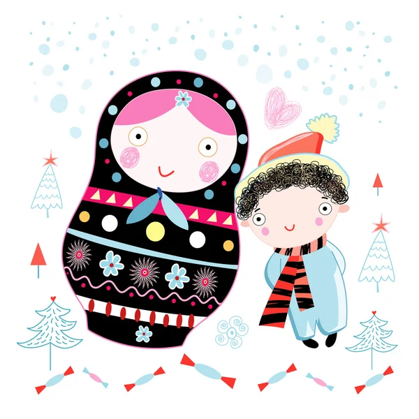 Julkort med en docka och en pojke — Stock vektor