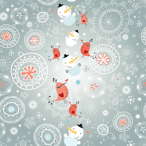 Textura de invierno con copos de nieve y muñecos de nieve — Vector de stock