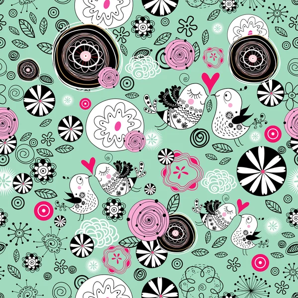 Textura floral con pájaros enamorados — Vector de stock