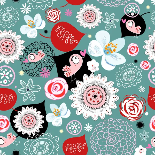 Textura de flores con pájaros enamorados — Vector de stock