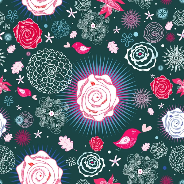 Textura de flores con pájaros enamorados — Vector de stock