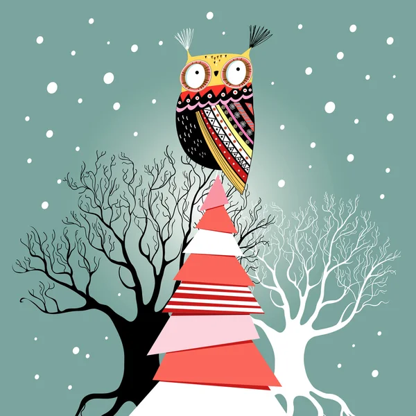 Carte de Noël avec un hibou sur le sapin — Image vectorielle