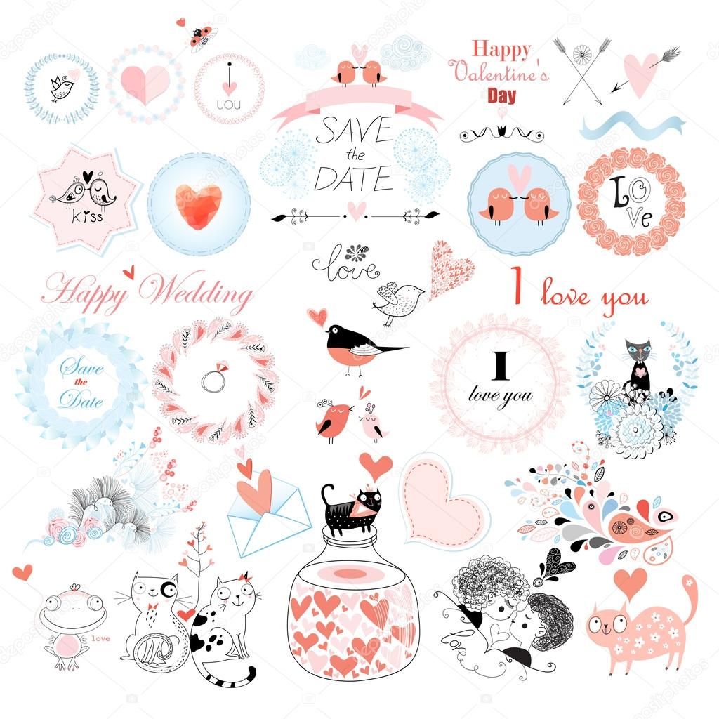 Valentine's Day and the day of the wedding set - labels , badges and other items. Vector illustration