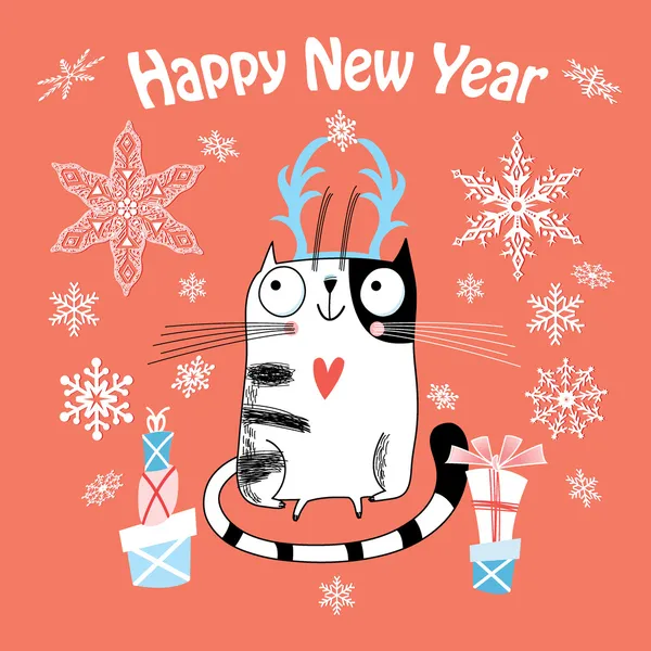 New Year card with a happy cat — Stock Vector