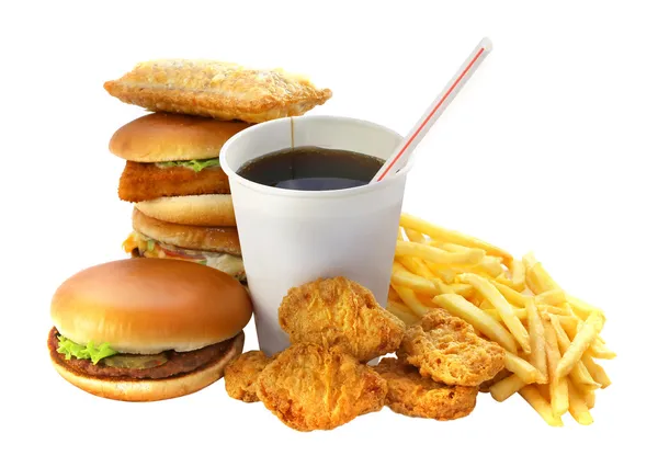 Grupo de fast food com uma bebida e um hambúrguer — Fotografia de Stock