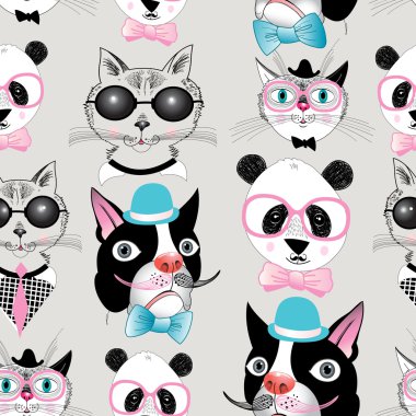 pattern of retro hipster animal portraits 