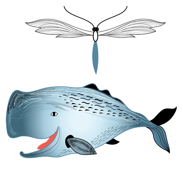 Ballena y mariposa — Vector de stock