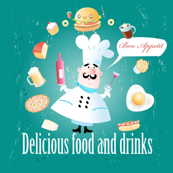 Cook farklı yemekler ve içecekler — Stok Vektör