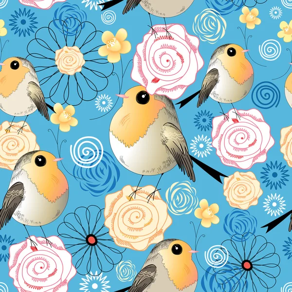Μοτίβο, πουλιά και λουλούδια — Διανυσματικό Αρχείο