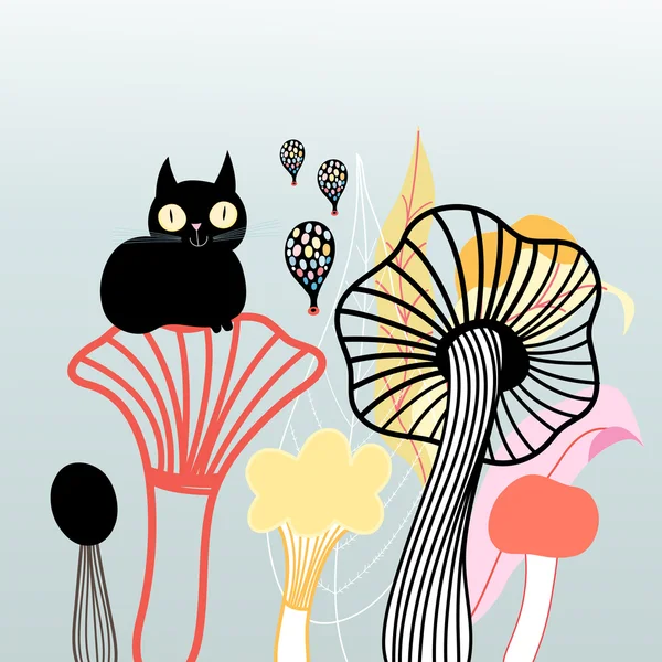 蘑菇和猫图形 — 图库矢量图片