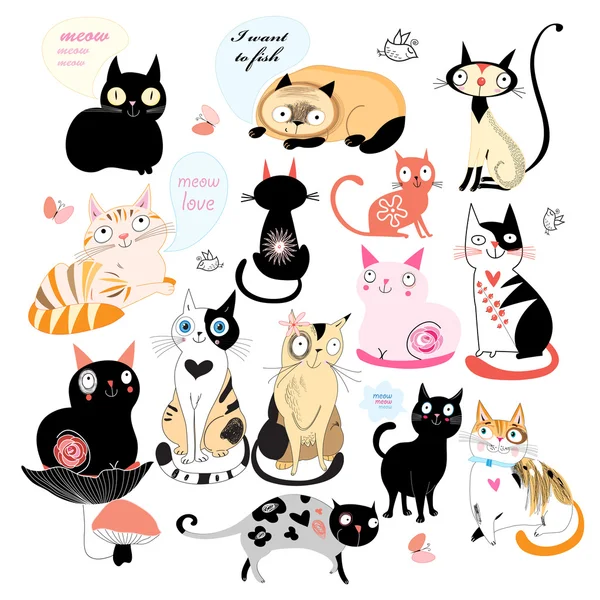 Ensemble joyeux de chats — Image vectorielle