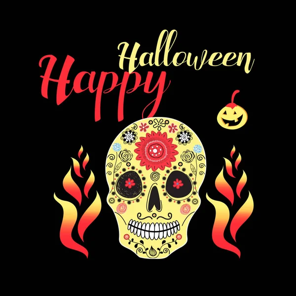 Luminoso Biglietto Auguri Halloween Con Ornamento Del Cranio — Vettoriale Stock