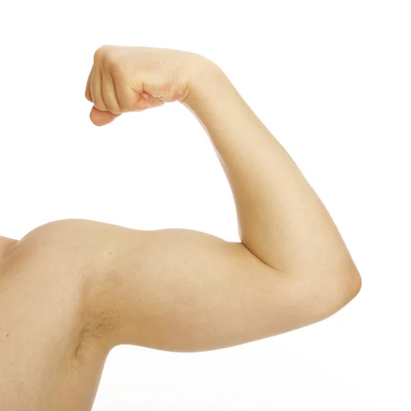 Mano de hombre con bíceps, aislada sobre blanco — Foto de Stock