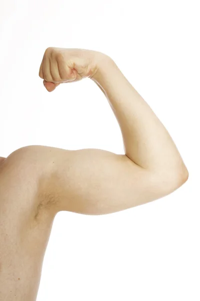 Mano de hombre con bíceps, aislada sobre blanco — Foto de Stock