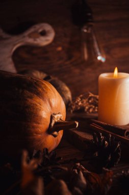 Sonbahar durgun hayat, balkabakları, ampul ve kırsal arka planda kuru yapraklar