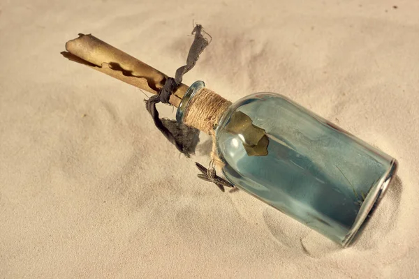 Пляшка Пірата Піску Старий Пергамент Повідомлення Пляшці — стокове фото
