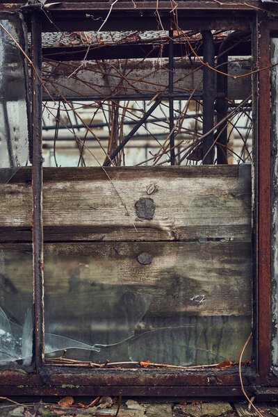 Distressed window of the abandoned ruined greenhouse 