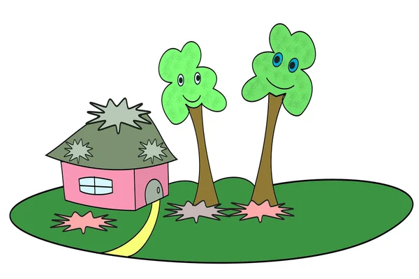 Kis ház egy zöld pázsit és a fák — Stock Fotó