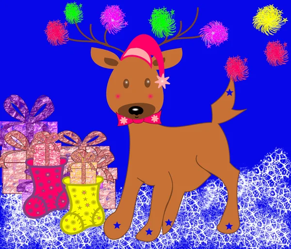 圣诞礼品和香肠的快活鹿 — 图库照片