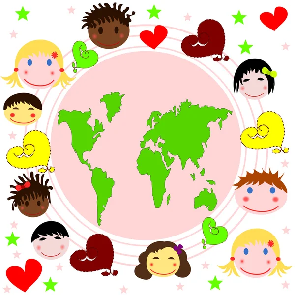 Mapa světa, tváře dětí odlišných RAS a srdce — Stock fotografie