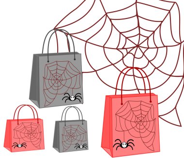 örümcek ve web üzerinde beyaz arka plan ile alışveriş torbaları