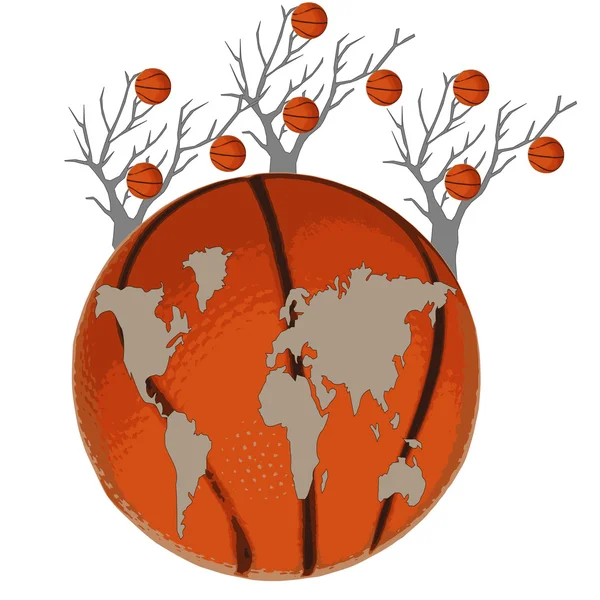 Kaart van de wereld is op een basketbal bal en bomen op een witte achtergrond — Stockfoto