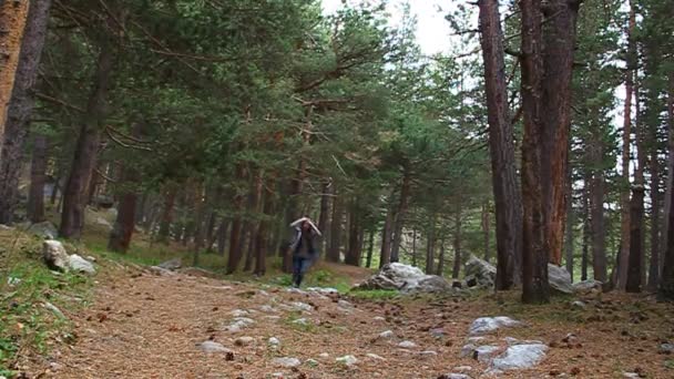 Neşeli kız ormanda yol üzerinde çalışan — Stok video