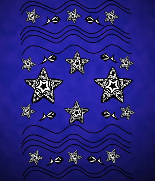 Blauwe achtergrond met zeester, golven, vis in de stijl van tatoeages — Stockfoto