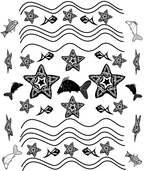 Fond noir et blanc avec étoiles de mer, vagues, poissons dans le style de tatouages — Photo