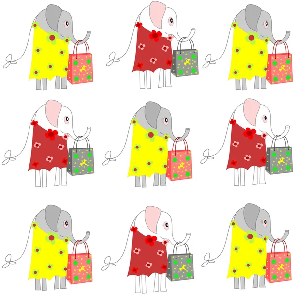 Beautiful background with elephants in dresses with shopping bags — Stock Photo, Image