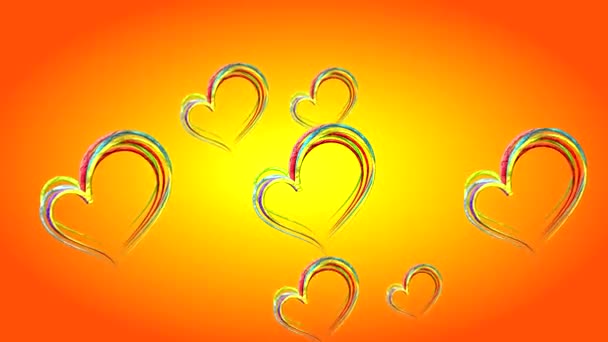 Kleurrijke glanzende harten vliegen op een oranje achtergrond — Stockvideo